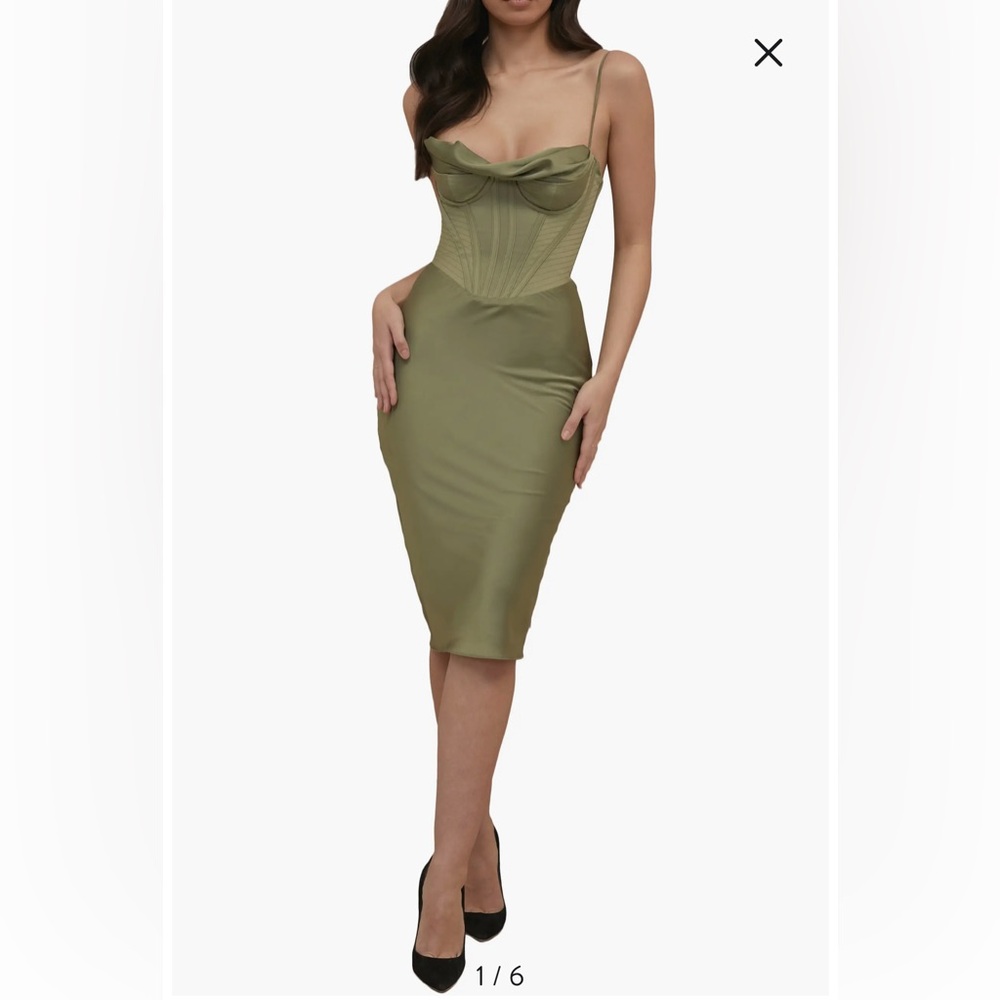House of CB Myrna Dress Olive Green Satin Corset Top Large